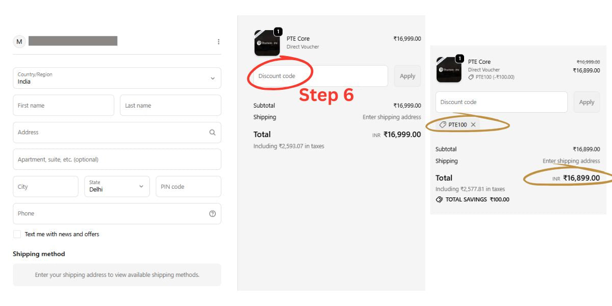 Step 6: Apply PTE Coupon Code 'PTE100'