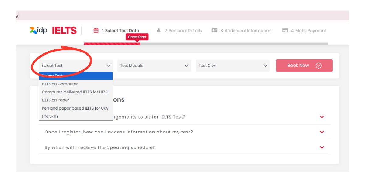 Step 1- Visit IELTS Exam Booking Page