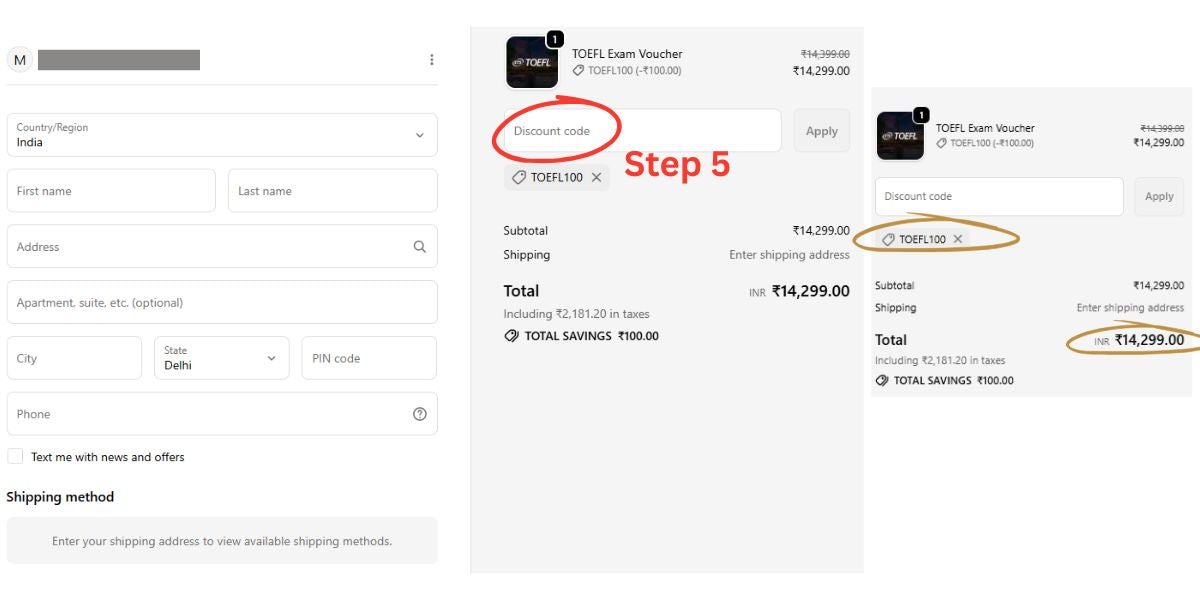 Step 5: Apply TOEFL Coupon Code 'TOEFL100'