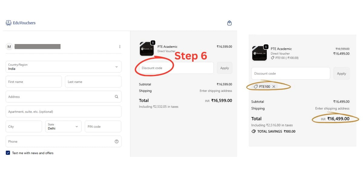 Step 6: Apply PTE Coupon Code 'PTE100'